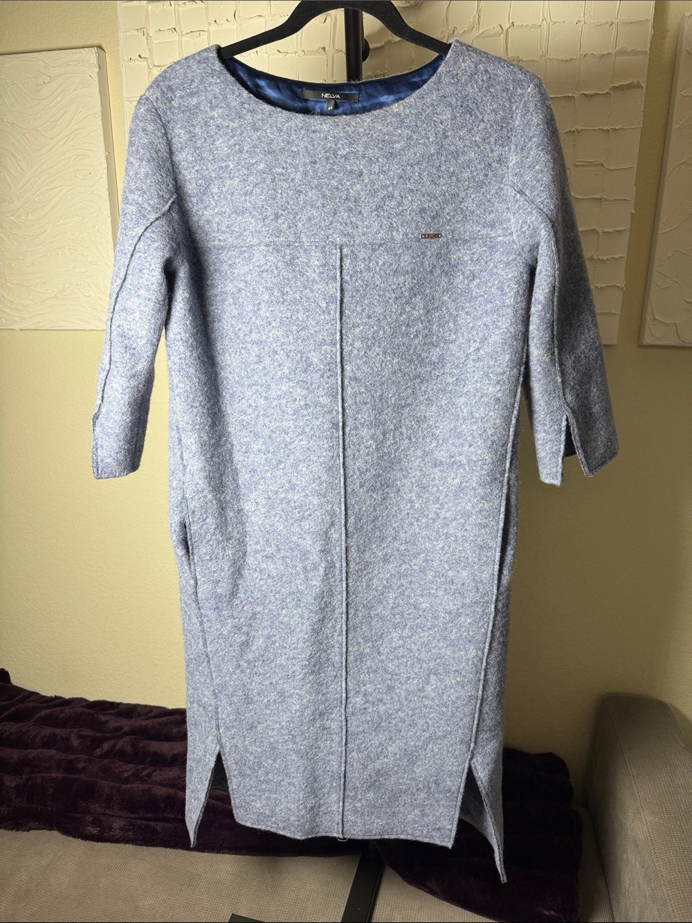 Nelva 70% Wool Blue Shift Dress 44 Minimalist 3/4 Sleeve, Knee Length